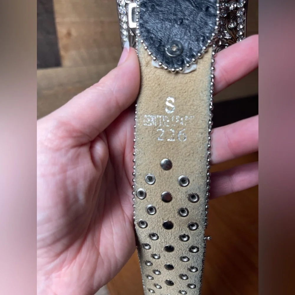 BHW Rhinestone Studded Western Black Leather Belt Size Small